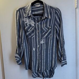 Striped Button-Up Shirt with Embroidery